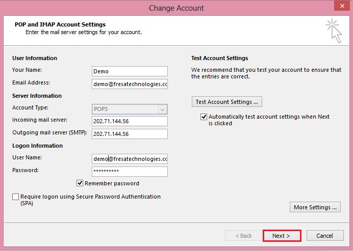 Test Account Settings - Outlook Once finished Internet E-Mail