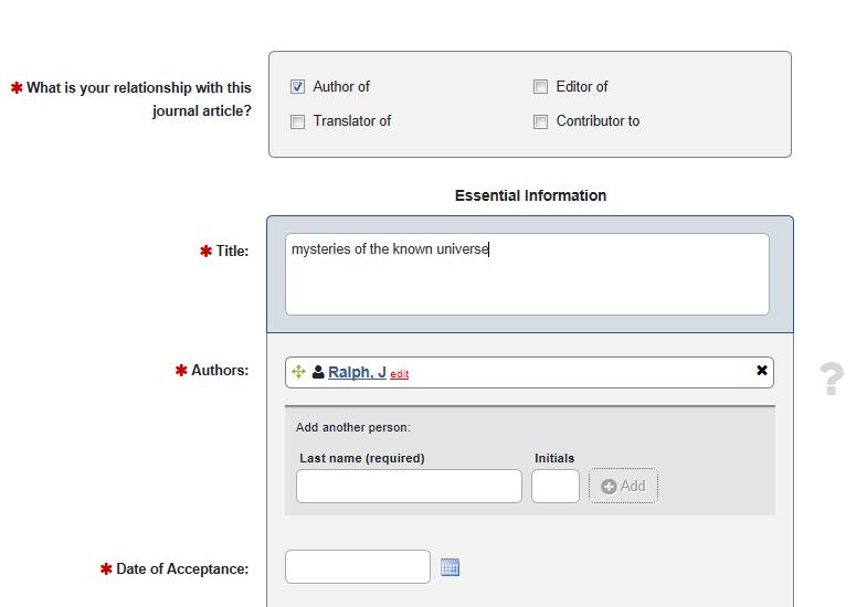 5. If there is no existing record you need to create one. On the Add Journal Article screen, please fill in the information you have at hand (* fields are the minimum required).