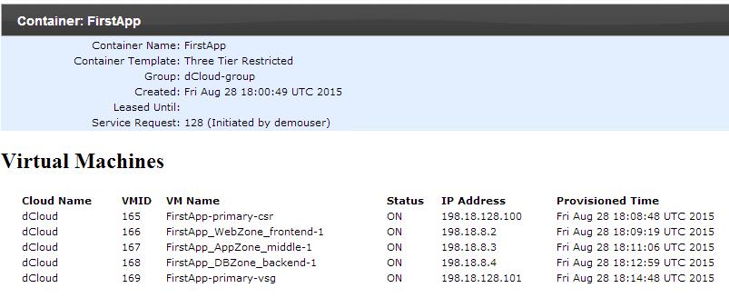 Figure 57. VACS Container Report with VM IP Addresses This concludes the activities in this scenario.