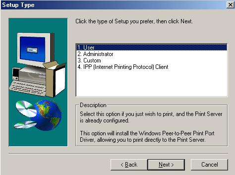 Click Installation button, then select User Install. 3. Follow the prompts to complete the installation of the Peer-to-peer Printer Port Driver.