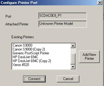 8. The printer port will be created, then a screen like the following will be displayed. 9. Select the correct Windows printer in the Existing Printers list, and click the Connect button.
