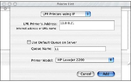 Enter the IP address of the Print Server in the LPR Printer's Address field, and enter the Queue Name (e.g. L1, L2, L3). 5.