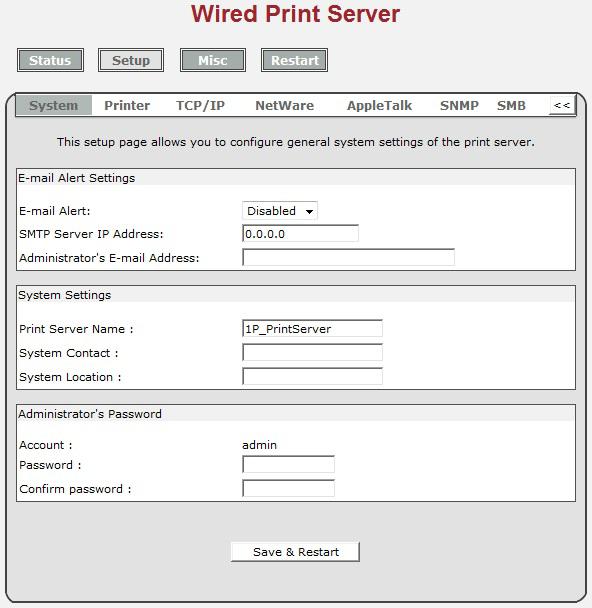Preparation Enter the IP address of the print server as the URL, default: 192.168.0.10. Then the print server s home page will appear in content of the web browser.