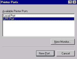 5. From the Printer Ports box as shown in the following picture, select the LPR Port. 6. The Add LPR compatible printers box will then appear as shown in the following picture.