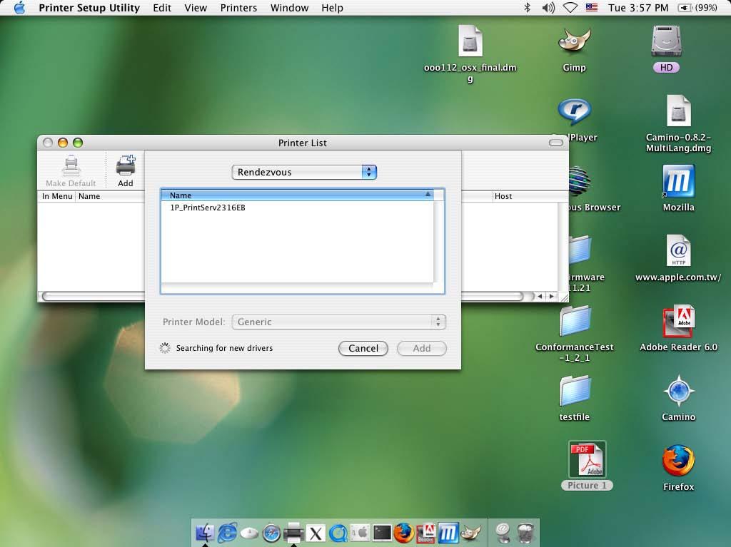 4. Choose "Rendezvous", and then Mac OS will automatically search the print server on the