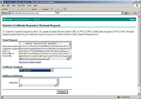 Here we paste in our Certificate Request and select the HP