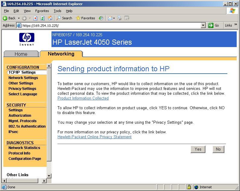 Here we have our home page of the HP Jetdirect device. Click the Networking Tab.