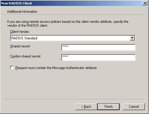 Select Radius Standard from the drop down list for Client- Vendor. To communicate with the radius server, a shared secret needs to be established. Use the same value as configured on the switch.