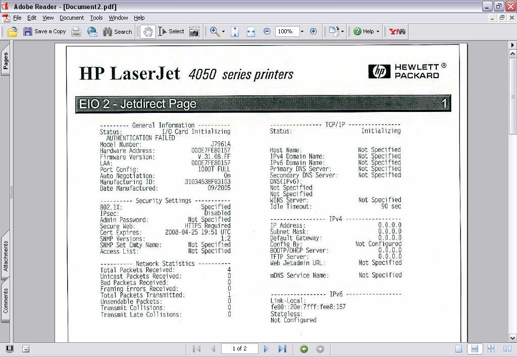 Figure 21 HP Jetdirect 802.1X Failure In other words, once 802.1X is configured and then fails on an 802.1X port, moving the Jetdirect device to a non-802.