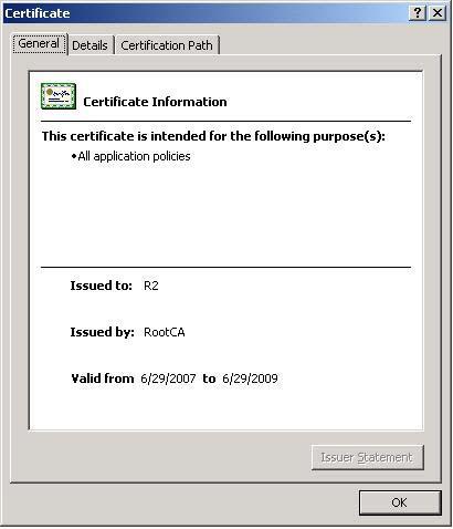 Figure 25 Issued By Notice that R2 s certificate is issued by RootCA.