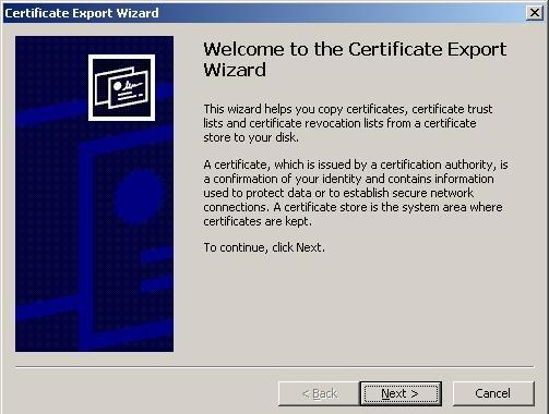 The Certificate Export Wizard launches Press Next