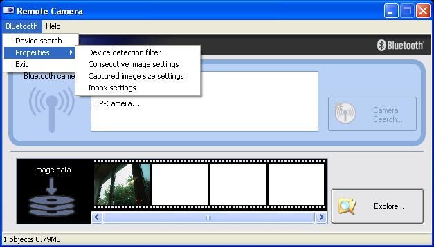 It is possible to change some default settings in the Remote Camera application. Choose [Bluetooth]->[Properties]->[.