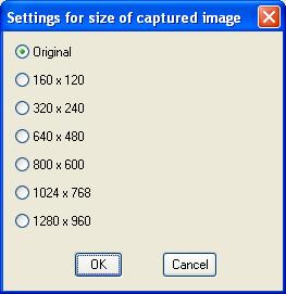 Settings for size of captured image Images will be sent to your PC after having been