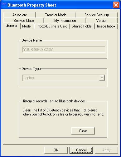 General shows the Device Name and the Device Type (Class of Device). To clear the list of the most recently used Bluetooth devices click the Clear button.