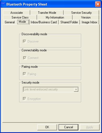 Mode gives information on the Bluetooth Security settings. Nothing can be changed in this view.