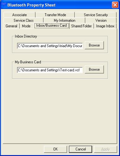 Inbox/Business Card offers a choice: Inbox Directory: Sets the location on the hard drive of Inbox folder (where incoming business