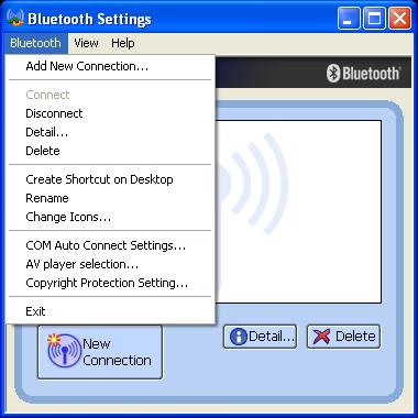 Bluetooth menu of Bluetooth Settings Add New Connection...: Launches New Connection Wizard. Connect: Establishes a Bluetooth connection to the selected device.