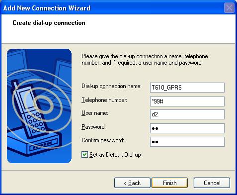 Enter your dial-up details and click Finish to complete the configuration.