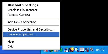 2. Configuring Bluetooth services Right click the ICON in the tray bar and select Service Properties.