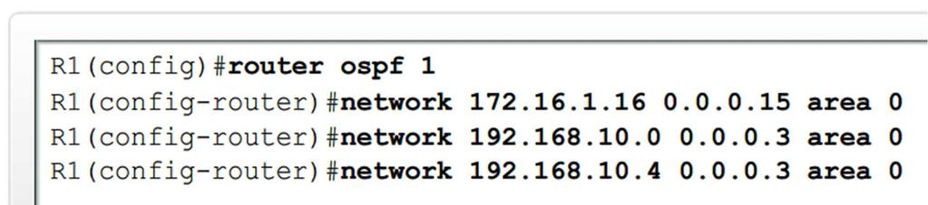 Basic OSPF Configuration o OSPF network command - Requires entering: network address wildcard mask - the inverse of the subnet mask area-id -