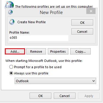 Creating a new mail profile 1. Open the start menu and select control panel. 2. Open the Mail icon and select show Profiles. 3. Select Add to create a new profile and name it o365 and press OK. 4.