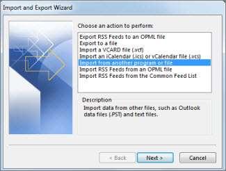 2. Choose Open & Export > Import/Export. This starts the wizard. 3. Choose Import from another program or file, and then click Next. 4. Choose Outlook Data File (.