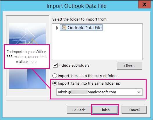 6. If a password was assigned to the Outlook Data File (.pst), enter the password, and then click OK. 7. To import the contents of your.pst file into your Office365 mailbox, choose that mailbox here.