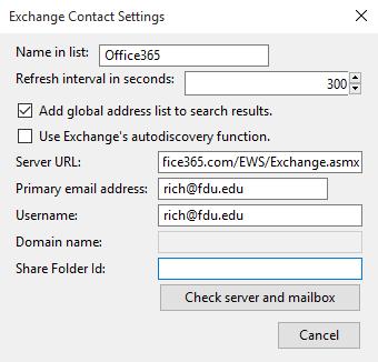 3. In the window that pops up, enter the following: Name in list: {Enter a name you will remember such as Office365} Refresh interval in seconds: {Leave at the default of 300} Add global address list