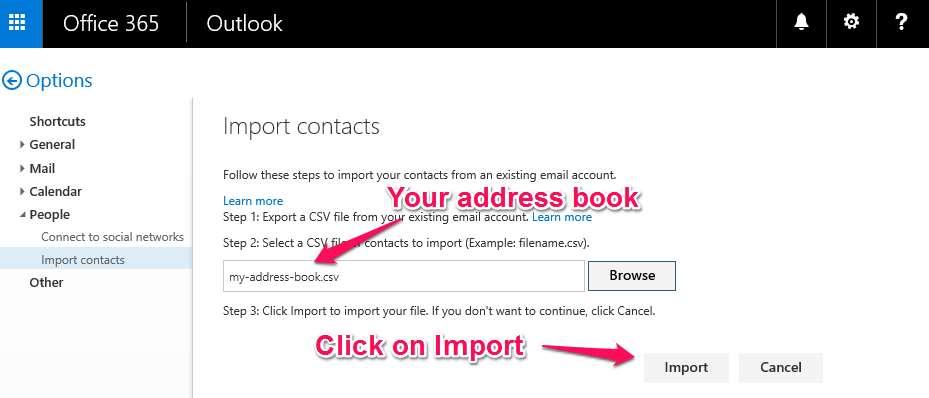 5. Navigate to the CSV file you have prepared for import. (my-address-book.csv) 6.