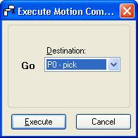 5. The EPSON RC+ 5.0 GUI Execute Motion Group This group has controls for executing motion commands. Select the desired motion command from the Command dropdown list. Then click the Execute button.