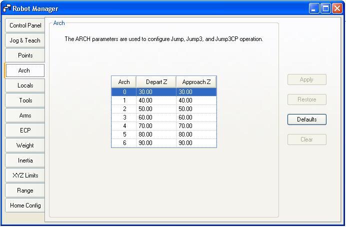 5. The EPSON RC+ 5.0 GUI Tools: Robot Manager: Arch Page This page allows you to configure the depart Z and approach Z settings in the robot's Arch table.