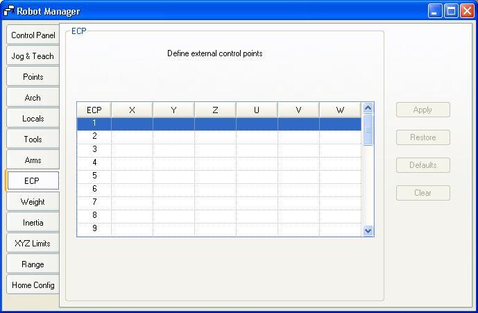 5. The EPSON RC+ 5.0 GUI NOTE Tools: Robot Manager: ECP Page This page allows you to define ECP (external control point) settings for a robot.