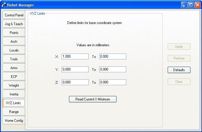 5. The EPSON RC+ 5.0 GUI Tools: Robot Manager: XYZ Limits Page This page allows you to configure limits for X, Y and Z motion in the robot envelope.