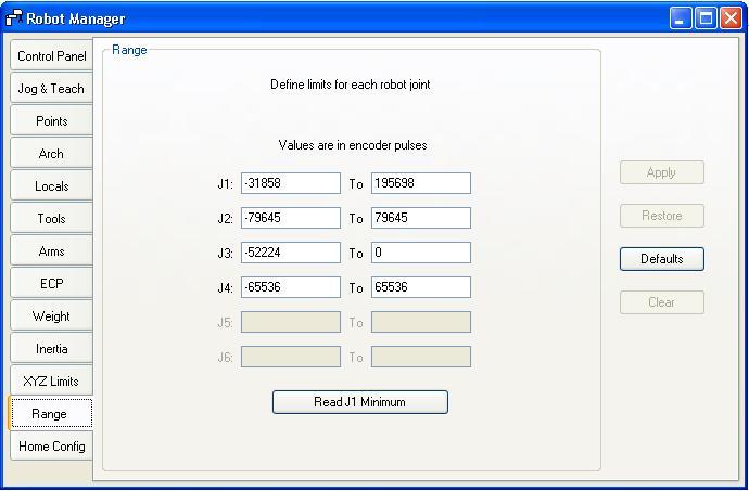 5. The EPSON RC+ 5.0 GUI Tools: Robot Manager: Range Page This page allows you to configure the robot joint software limits.