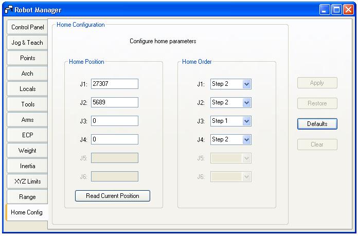5. The EPSON RC+ 5.0 GUI Tools: Robot Manager: Home Config Page Home Config allows you to configure the optional user home position and home order used by the Home command.