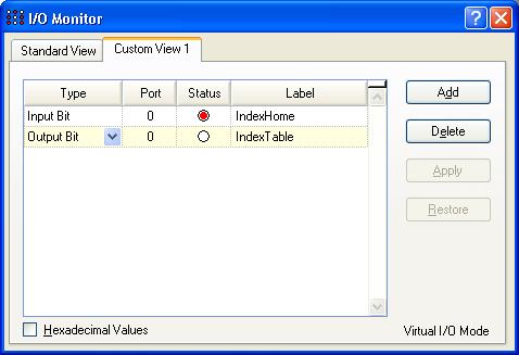5. The EPSON RC+ 5.0 GUI To view bytes and words in hexadecimal format, check the Hexadecimal Values checkbox. You can resize the I/O monitor in the vertical direction to show more data.