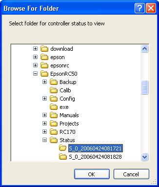 5. The EPSON RC+ 5.0 GUI View Controller Status Click the View Controller Status button to view the status data stored from a previous status export (see the Export Controller Status section above).