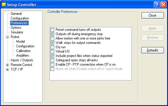 5. The EPSON RC+ 5.0 GUI Setup: Controller: Preferences Page This page contains controller preference settings.