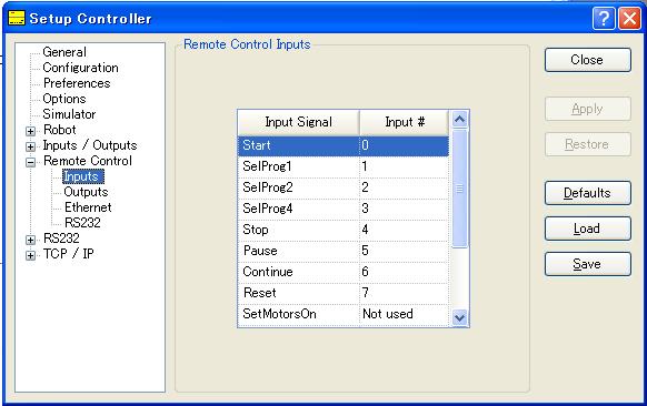 5. The EPSON RC+ 5.0 GUI Setup: Controller: Remote Control Inputs Page Use this page to configure the controller remote control inputs.