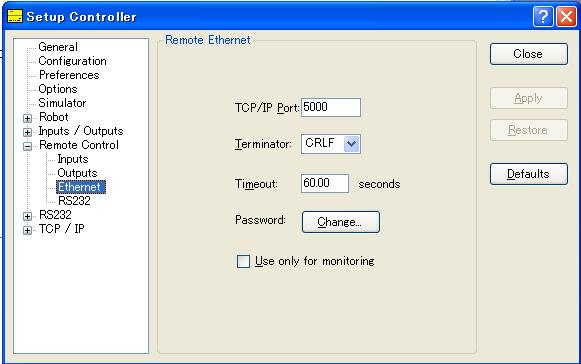 5. The EPSON RC+ 5.0 GUI Setup: Controller: Remote: Ethernet Use this page to configure the Remote Ethernet.