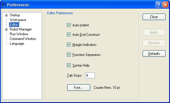 5. The EPSON RC+ 5.0 GUI Setup: Preferences: Editor Page This page is used to configure your preferences for the program editor windows.