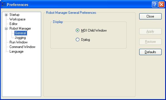 5. The EPSON RC+ 5.0 GUI Setup: Preferences: Robot Manager: General Page This page lets you configure your preferences for the Robot Manager.