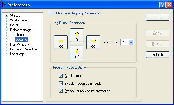 5. The EPSON RC+ 5.0 GUI Setup: Preferences: Robot Manager: Jogging Page This page lets you configure the Robot Manager Jog and Teach page.