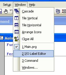 5. The EPSON RC+ 5.0 GUI 5.13.6 1, 2, 3 Command (Window Menu) A list of currently open document windows is displayed at the bottom of the Window Menu.