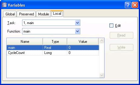 7. Building SPEL+ Applications 2. Select Display Variables from the Run Menu to display the variable display dialog. This dialog has three tabs for viewing Global, Module, and Local variables.