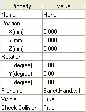 8. Simulator Hand When a hand is registered with a robot, Hand is added in the Layout Objects tree. Property Name Position Rotation Value Hand name You can specify any name for a hand.