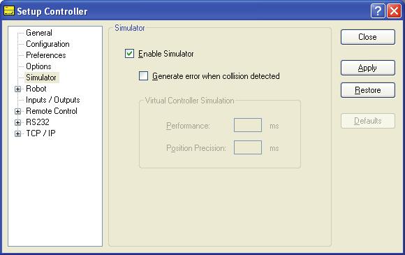 8. Simulator Enable the Simulator in controller From the [Setup]-[Controller]-[Simulator], check the [Enable Simulator] check box to enable the simulator function.