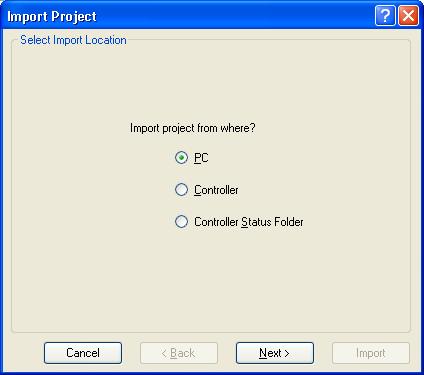 5. The EPSON RC+ 5.0 GUI NOTE 5.9.9 Import Command (Project Menu) The Project Menu Import Command uses a wizard to import projects from a PC, the current controller, or a controller status folder.
