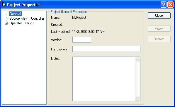 5. The EPSON RC+ 5.0 GUI 5.9.15 Properties Command (Project Menu) Project: Properties: General Page Use this page to view and edit general properties for the current project.