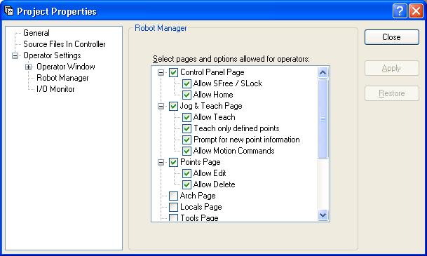 5. The EPSON RC+ 5.0 GUI Project: Properties: Operator Settings: Robot Manager Page Use this page to configure the Robot Manager for operators.